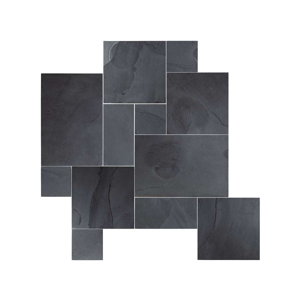 Overhead image of Indian Black Slate Versailles pattern in gauged finish, showcasing multi-sized layout with consistent flat texture and dark, moody appeal.
