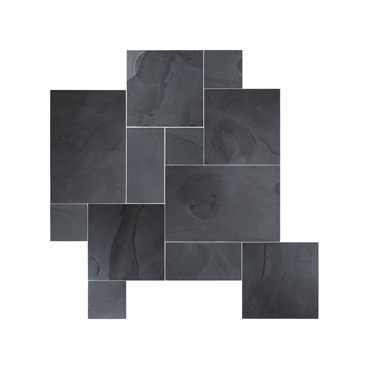 Overhead image of Indian Black Slate Versailles pattern in gauged finish, showcasing multi-sized layout with consistent flat texture and dark, moody appeal.