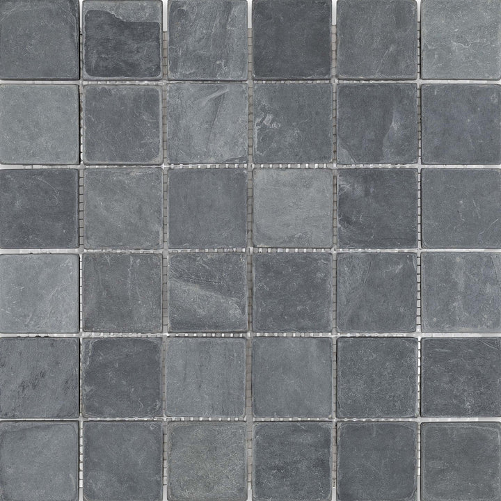 Overview of Indian Black Slate 2" Square Tumbled Mosaic showing small square slate tiles with softened edges and a rustic surface.