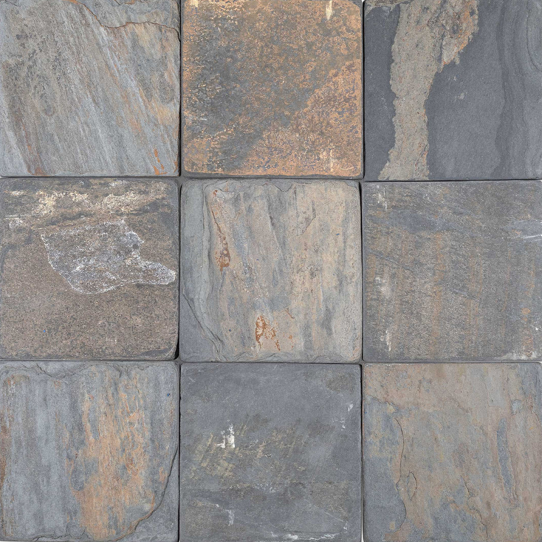 Full view of California Gold Slate 4x4 Tumbled Tile featuring warm golden, rust, and charcoal tones with a weathered finish in compact squares.