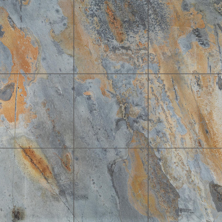 Overview of California Gold Slate 12x12 Gauged Tile displaying a refined, slightly textured surface with rich color variation in square format.