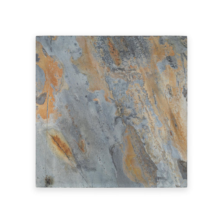 Top-down shot of California Gold Slate 12x12 gauged tile, providing a level surface with bold color variation and natural slate texture.