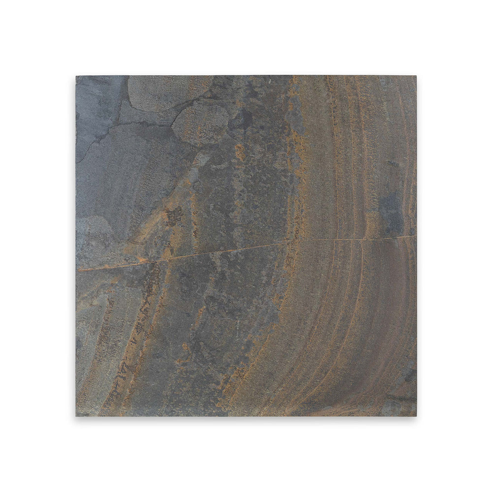 Overhead view of California Gold Slate 16x16 gauged tile, showcasing a clean flat surface with earthy gold and rust coloring for traditional interiors.