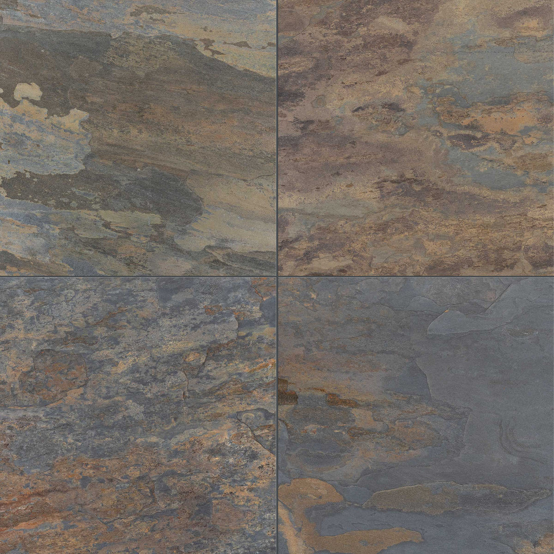 Overview of California Gold Slate 24x24 Gauged Tile presenting a large-format design with bold multicolor slate and a natural matte surface.