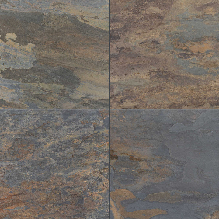 Overview of California Gold Slate 24x24 Gauged Tile presenting a large-format design with bold multicolor slate and a natural matte surface.