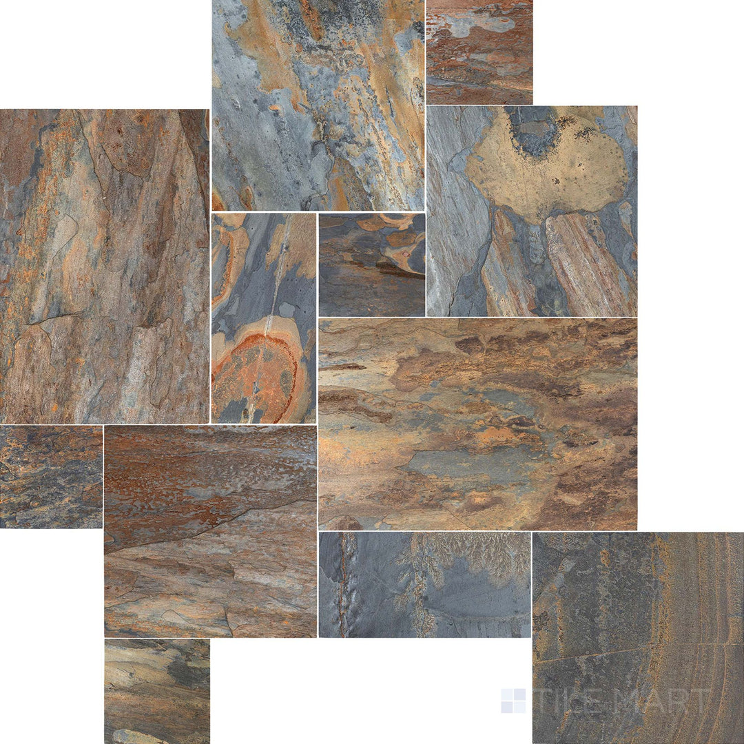 Full view of California Gold Slate Versailles Pattern Gauged Tile featuring modular sizes and rich slate tones in a classic French pattern.