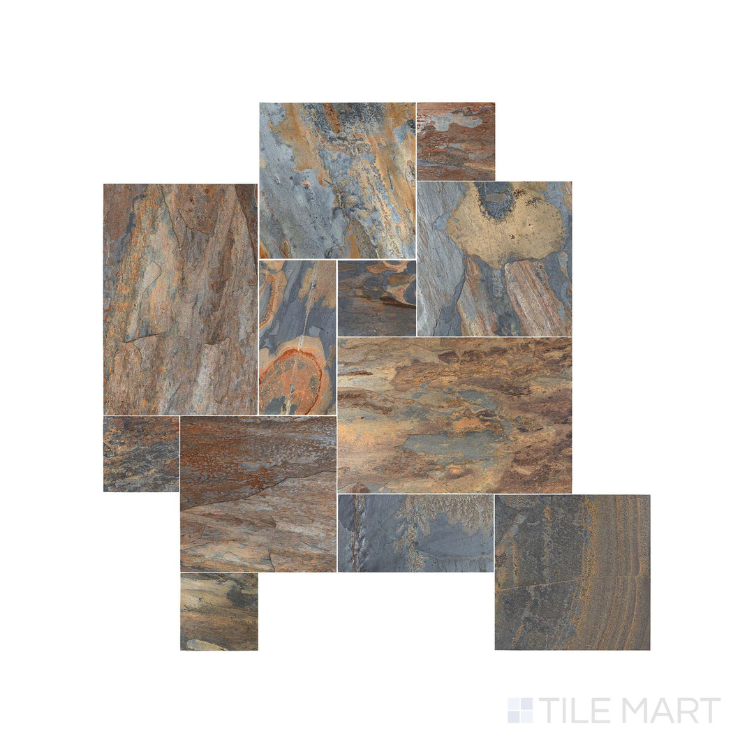 California Gold Slate Versailles pattern in gauged finish seen from above, combining various tile sizes in a natural layout with warm, rustic charm.