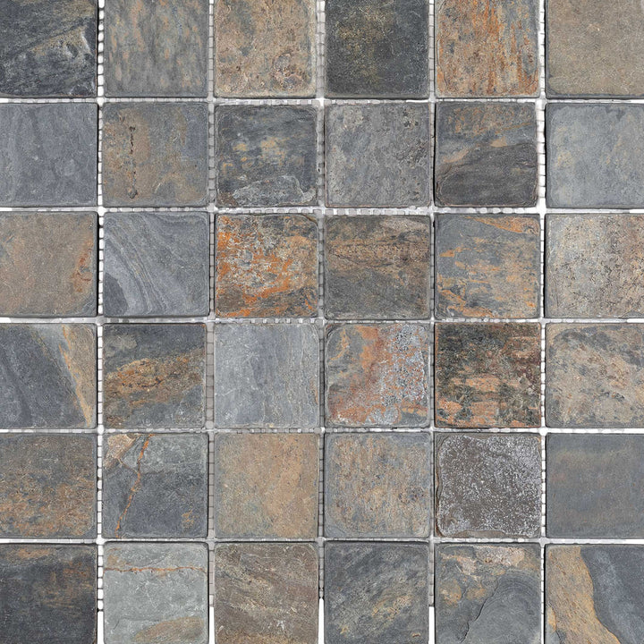 Clean view of California Gold Slate 2" Square Tumbled Mosaic showing small rustic squares in a multitone layout with antique-style texture.