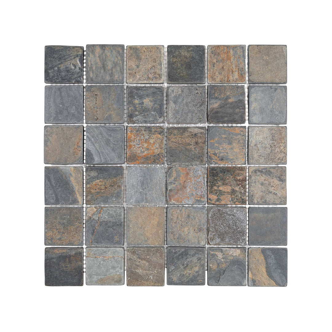 Overhead shot of California Gold Slate 2 inch square mosaic in tumbled finish, offering soft edges and natural color range in a classic grid layout.
