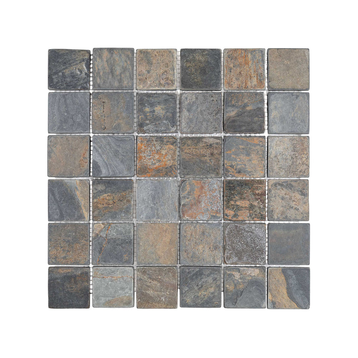 Overhead shot of California Gold Slate 2 inch square mosaic in tumbled finish, offering soft edges and natural color range in a classic grid layout.