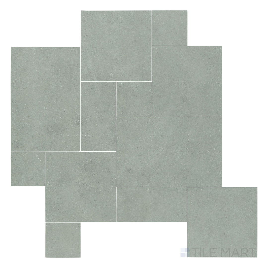 Overhead image of Indian Bluestone Slate Versailles pattern in gauged finish, combining various tile sizes with smooth surface and rich, earthy tones.