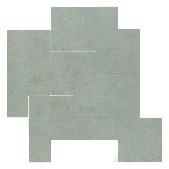 Overhead image of Indian Bluestone Slate Versailles pattern in gauged finish, combining various tile sizes with smooth surface and rich, earthy tones.