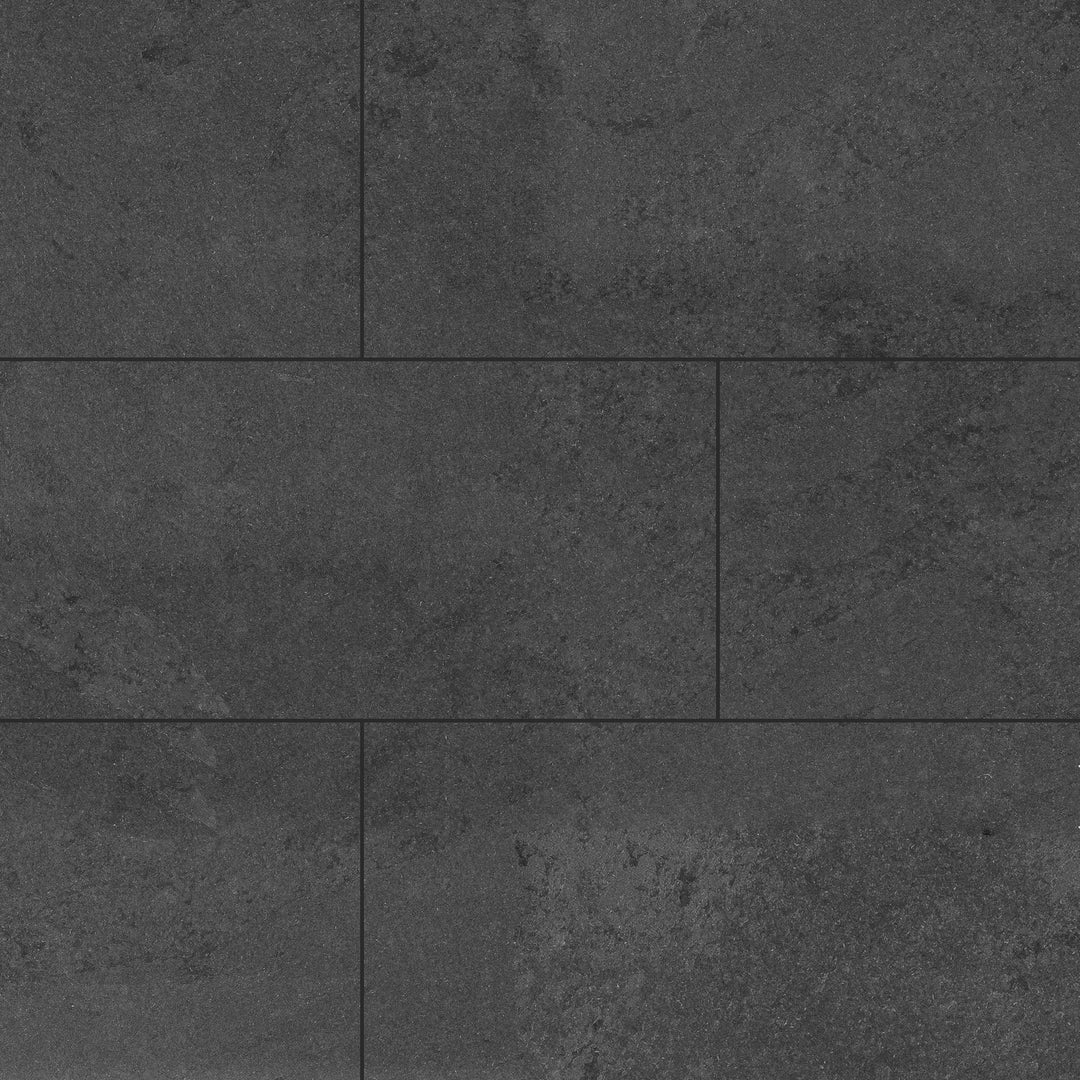 Overview of Brazilian Black Slate 12x24 Gauged Tile presenting a sleek, elongated layout with consistent dark coloration and natural character.