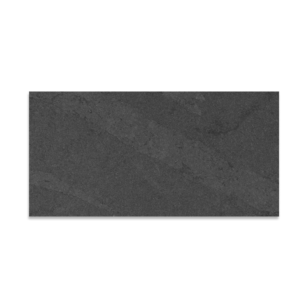 Top-down shot of Brazilian Black Slate 12x24 tile in gauged finish, offering a sleek rectangular layout with consistent black surface and refined slate finish.