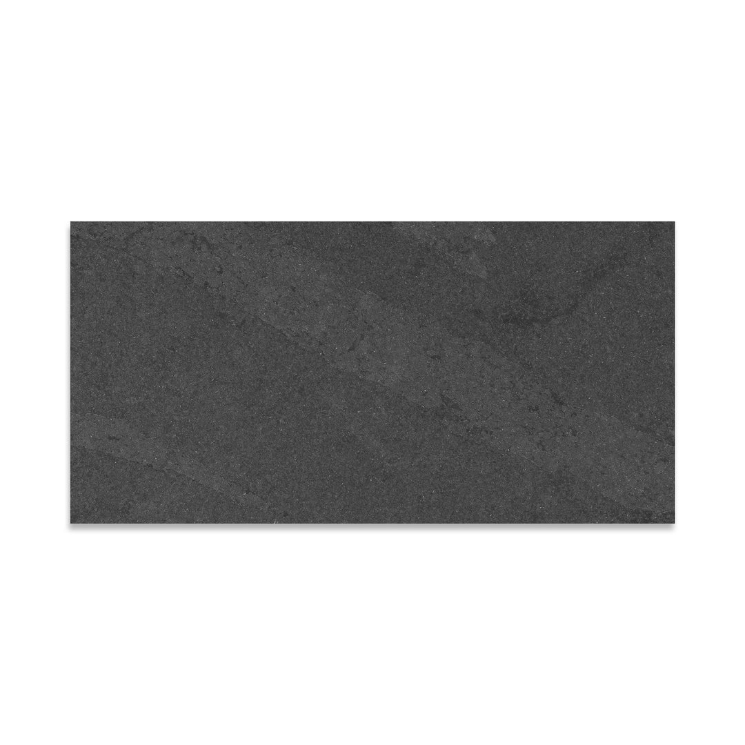 Top-down shot of Brazilian Black Slate 12x24 tile in gauged finish, offering a sleek rectangular layout with consistent black surface and refined slate finish.