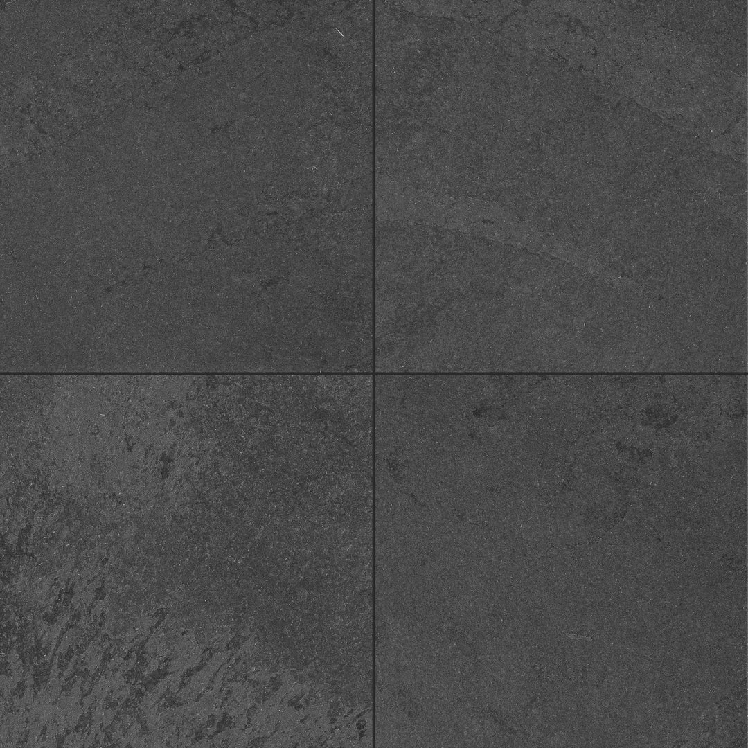 Clean view of Brazilian Black Slate 24x24 Gauged Tile showing large-format stone with subtle natural patterning in a refined slate finish.