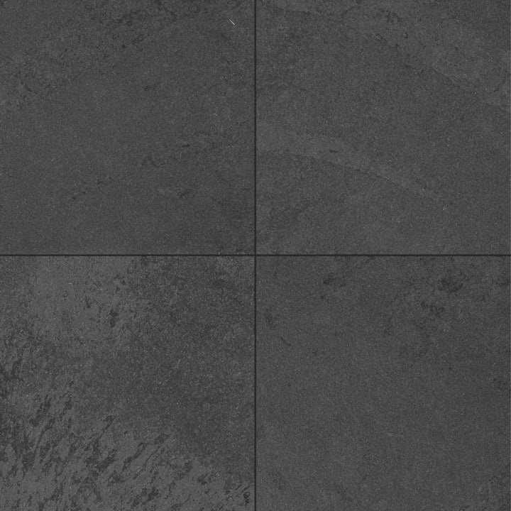 Clean view of Brazilian Black Slate 24x24 Gauged Tile showing large-format stone with subtle natural patterning in a refined slate finish.
