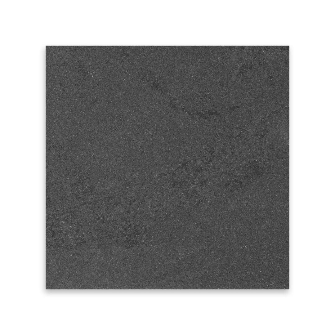 Brazilian Black Slate 24x24 tile in gauged finish viewed from above, providing expansive coverage with dark, rich coloration and leveled surface.