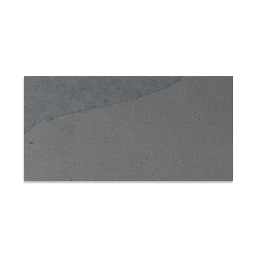 Top-down image of Brazilian Grey Slate 12x24 tile in gauged finish, featuring a neutral gray palette with subtle movement and smooth slate texture.