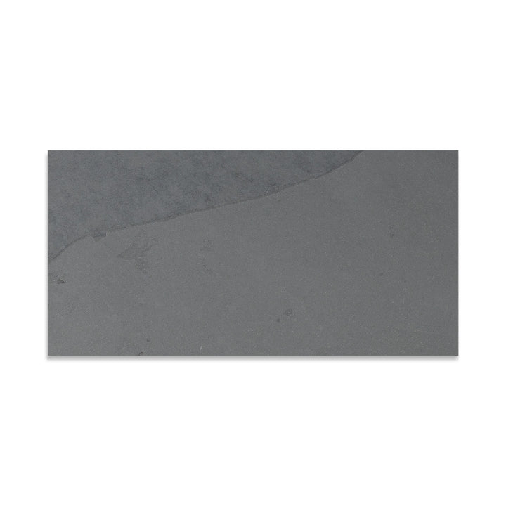 Top-down image of Brazilian Grey Slate 12x24 tile in gauged finish, featuring a neutral gray palette with subtle movement and smooth slate texture.