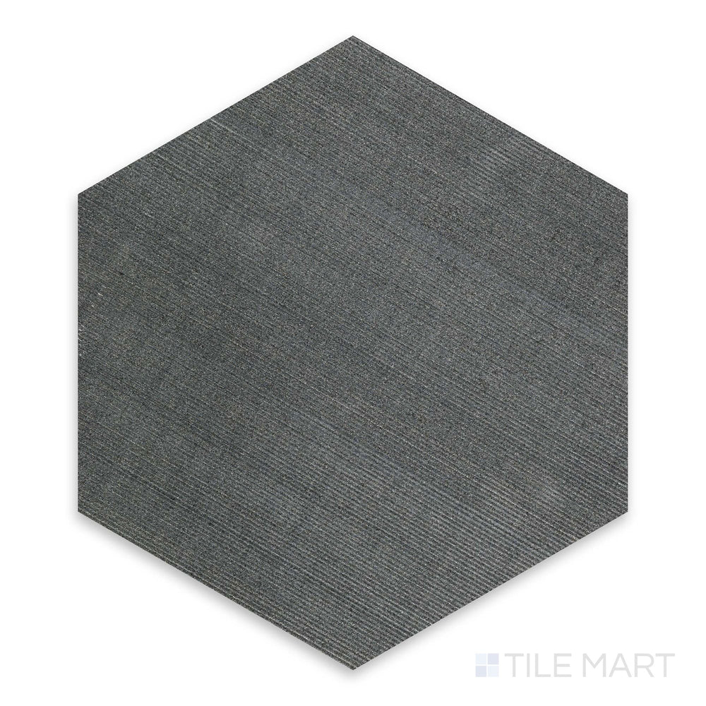 Basalt Black 10-inch hexagon flow tile, a matte-finished dark hexagonal tile with a refined volcanic stone appearance.