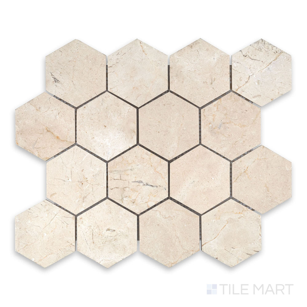 Crema Marfil Marble 3 inch hexagon mosaic in honed finish seen from above, showcasing geometric elegance with soft beige tones and a matte texture.