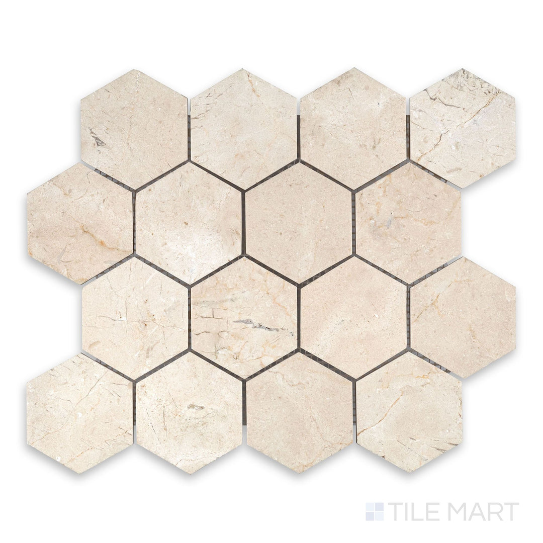 Crema Marfil Marble 3 inch hexagon mosaic in honed finish seen from above, showcasing geometric elegance with soft beige tones and a matte texture.