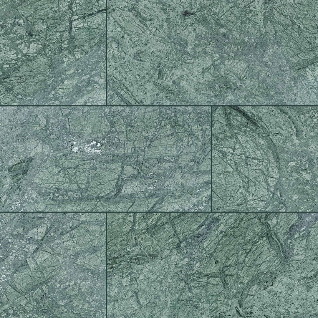 Clean view of Empress Green Marble 12x24 Honed Tile featuring elegant green stone with light veining in a smooth rectangular format.