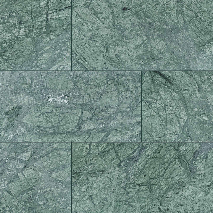 Clean view of Empress Green Marble 12x24 Honed Tile featuring elegant green stone with light veining in a smooth rectangular format.