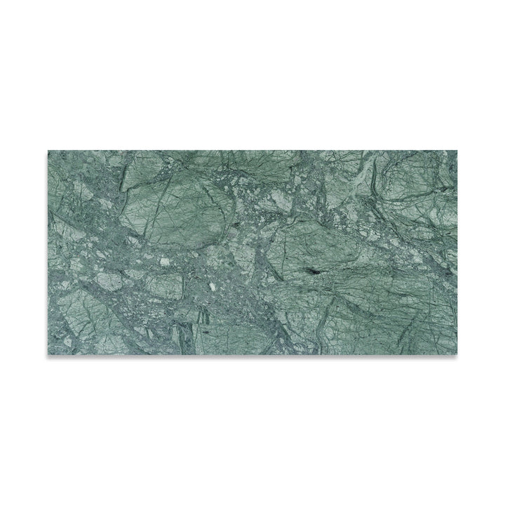 Overhead image of Empress Green Marble 12x24 tile in honed finish, featuring rich green hues with flowing white veining and a soft matte surface.