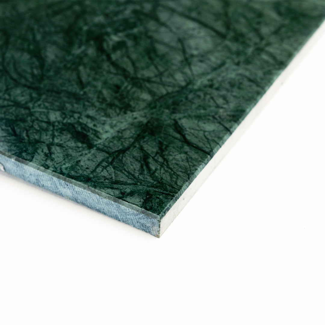 Corner perspective of Empress Green Marble 12x24 Honed Tile, with rich emerald tones and a smooth honed finish—ideal for luxurious floors and feature walls.
