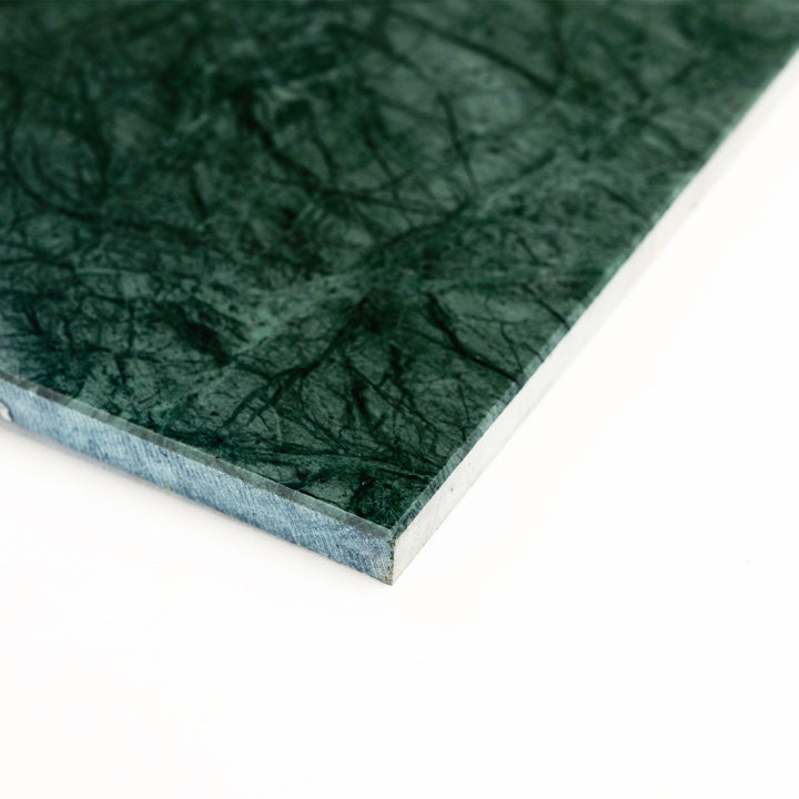 Corner perspective of Empress Green Marble 12x24 Honed Tile, with rich emerald tones and a smooth honed finish—ideal for luxurious floors and feature walls.