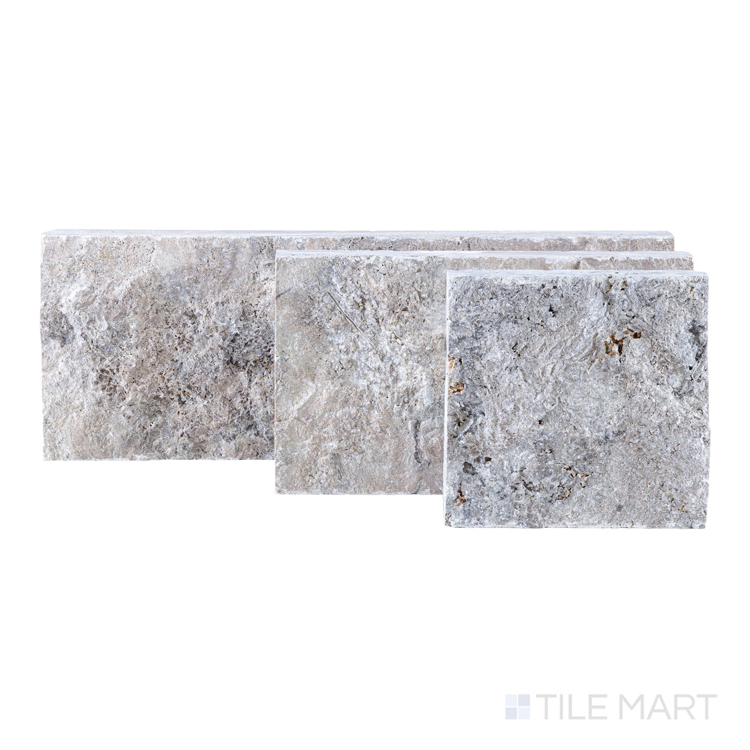 Full-piece view of Silver travertine veneer in 8x random splitface pattern highlighting textured stone face