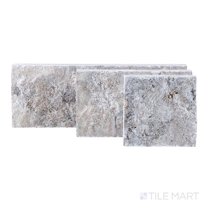 Full-piece view of Silver travertine veneer in 8x random splitface pattern highlighting textured stone face