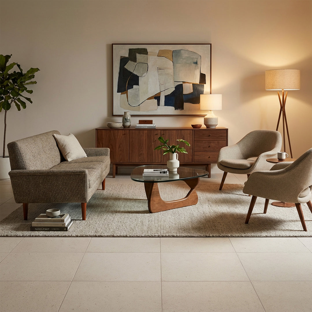 Porto Beige limestone 18x18 honed tile showcased in an elevated space with warm neutral tones