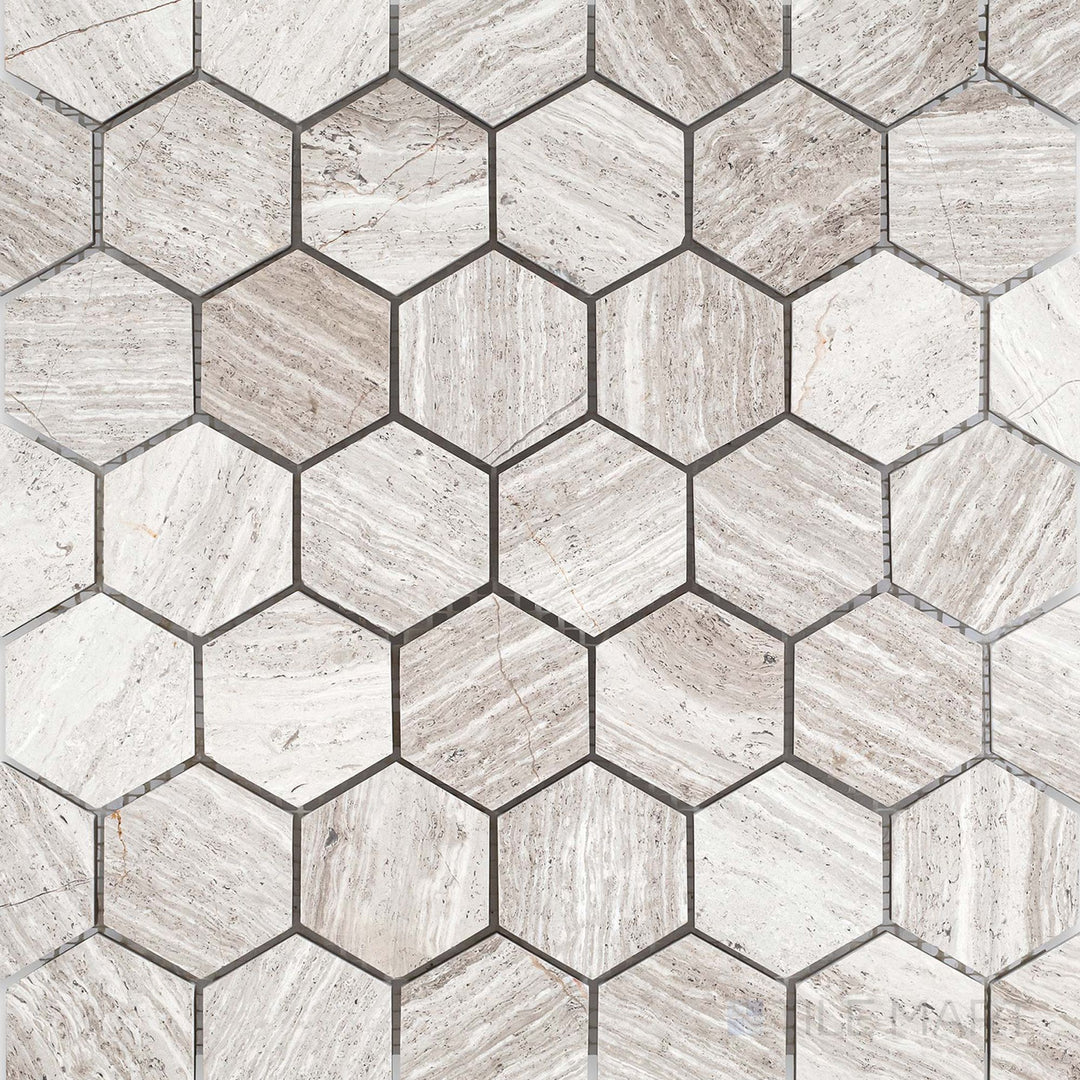 Haisa Light marble 2-inch hexagon mosaic with a honed surface and soft stone character