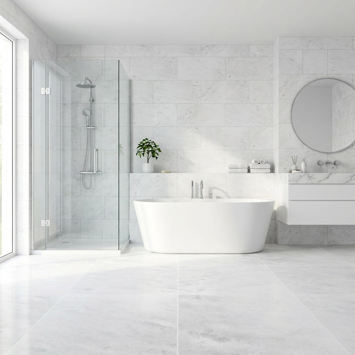 Polar White marble 12x24 tile with honed finish showcased in a serene setting with soft linear veining