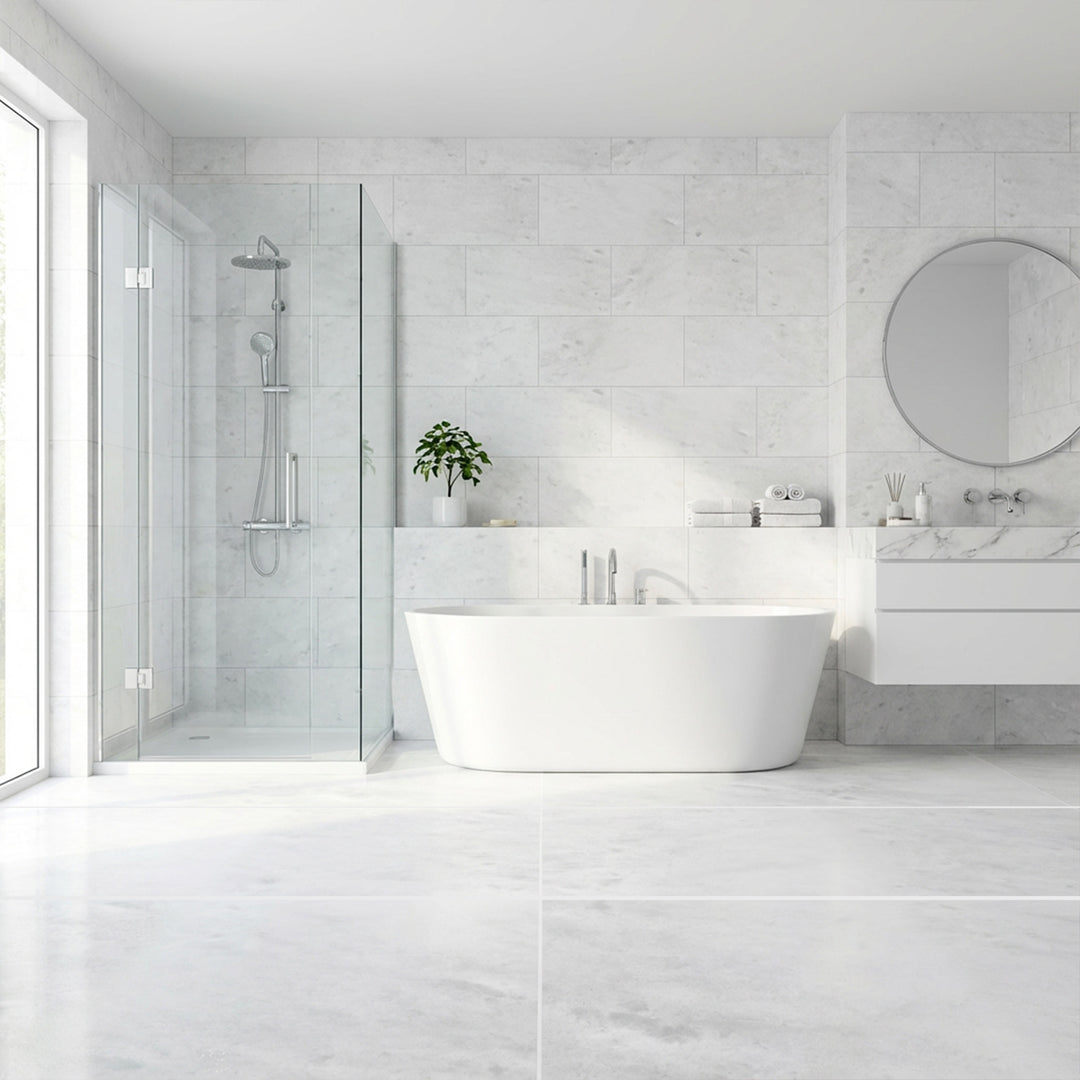 Polar White marble 12x24 polished tile styled in an elevated interior highlighting luminous surface movement