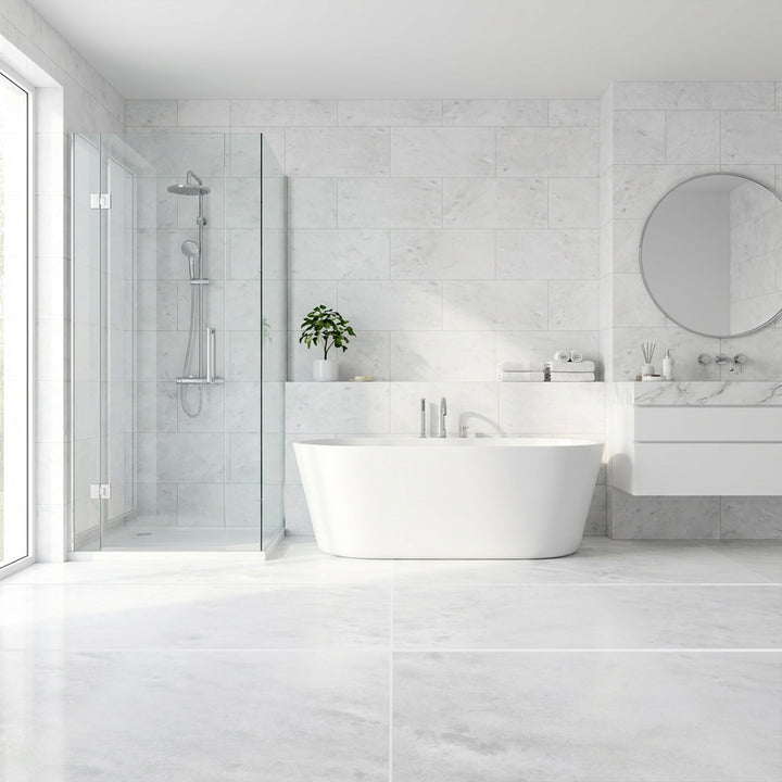 Polar White marble 12x24 polished tile styled in an elevated interior highlighting luminous surface movement