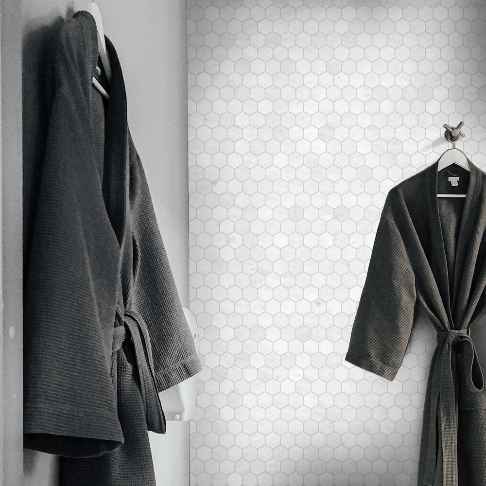 Polar White marble mosaic in polished finish showcased in a bright space highlighting crisp stone detail