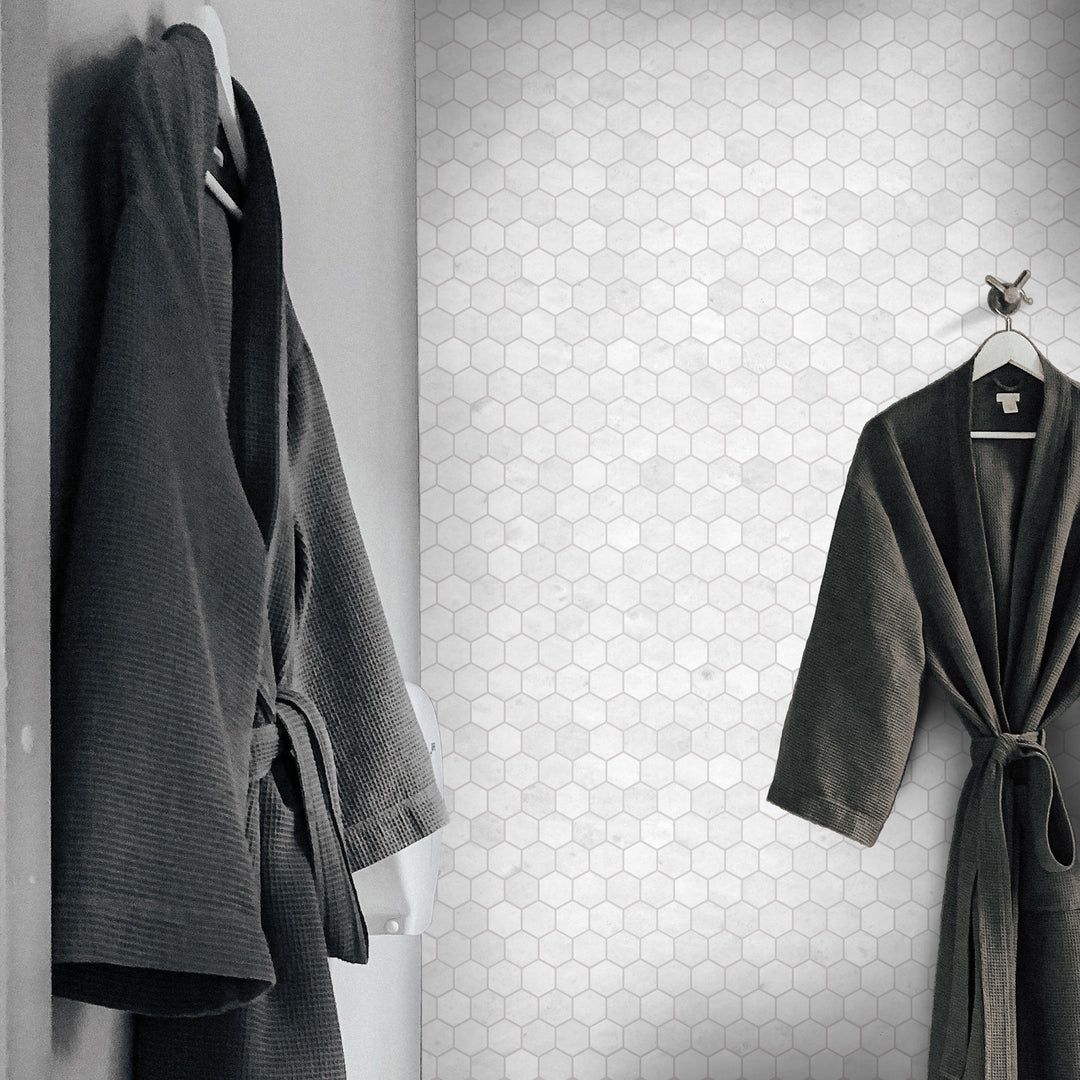 Polar White marble mosaic in polished finish showcased in a bright space highlighting crisp stone detail