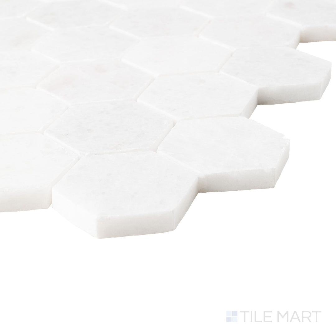 Polar White marble mosaic in corner view showcasing polished finish and crisp reflective surface