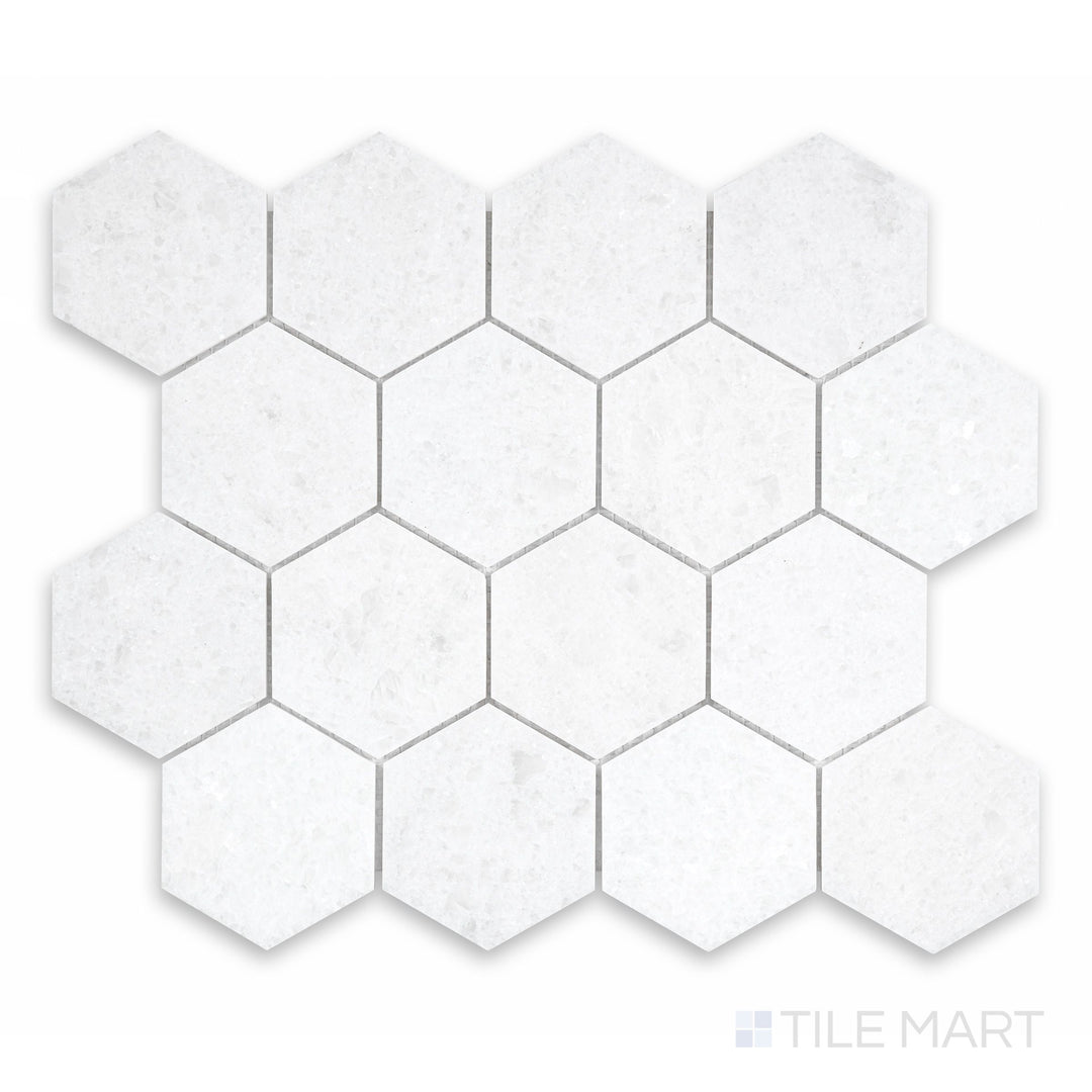 Detail of Polar White marble 3x3 mosaic with honed surface and gentle natural variation