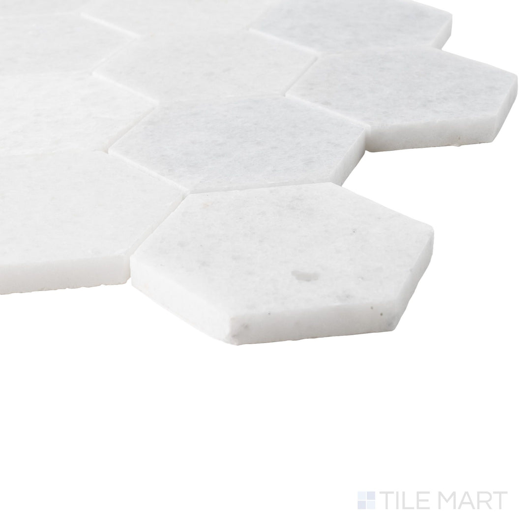 Corner angle of Polar White marble 3x3 mosaic with honed surface and gentle natural variation