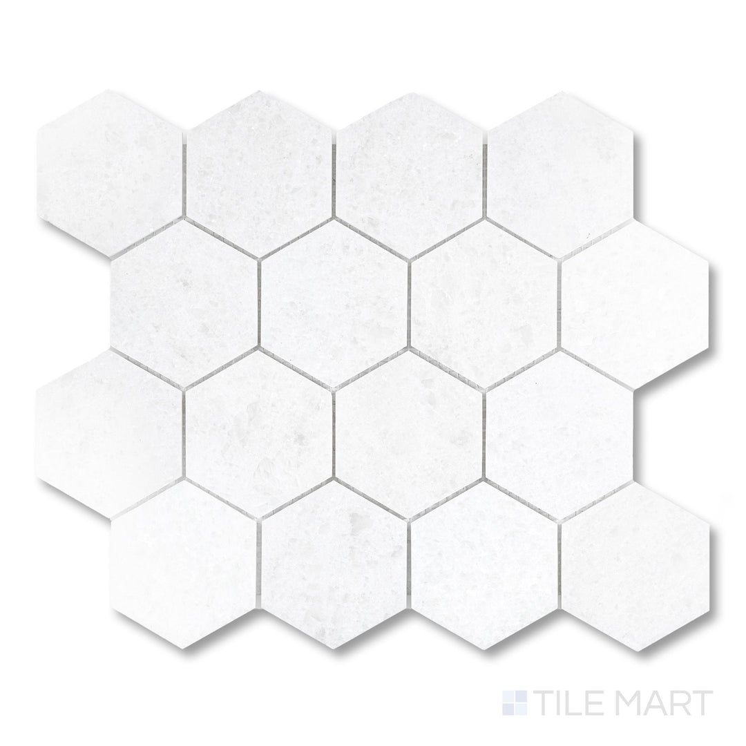 Top-down shot of Polar White marble 3x3 mosaic showcasing polished finish and defined stone pattern