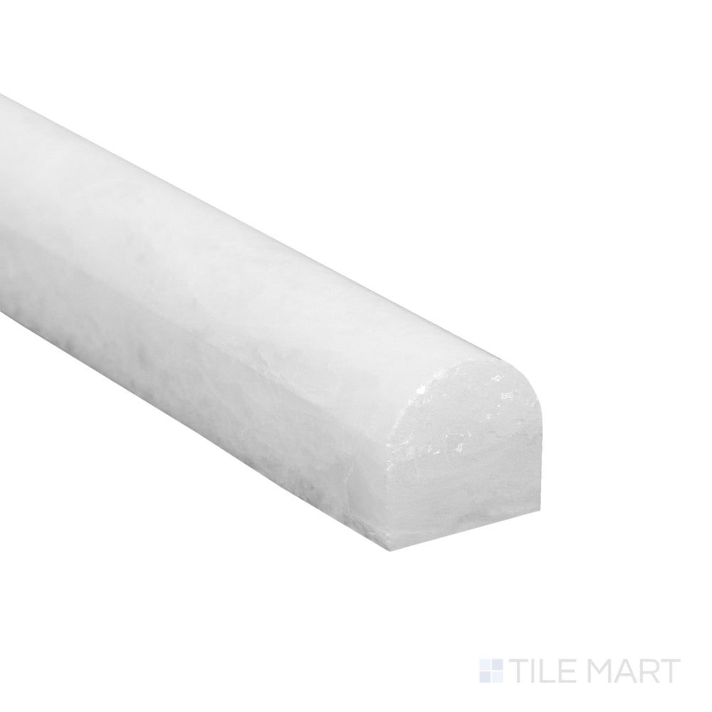 Seen from the corner, Polar White Marble 0.75x12 honed standard liner displays fine texture and understated matte sheen.