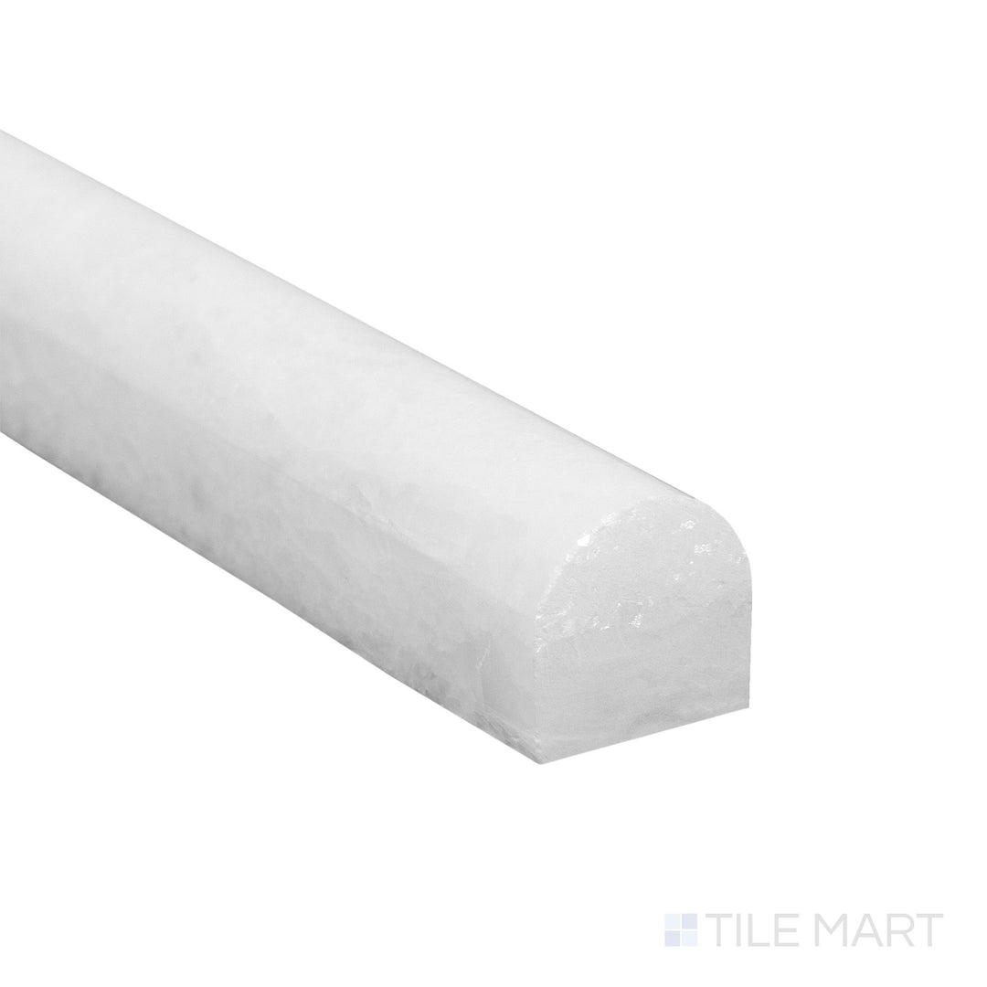 Seen from the corner, Polar White Marble 0.75x12 honed standard liner displays fine texture and understated matte sheen.