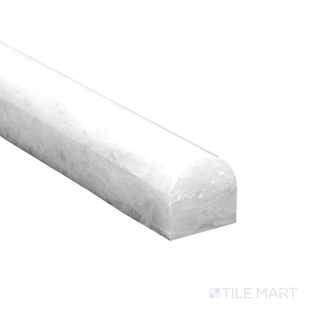 Corner-focused view of Polar White Marble 0.75x12 polished standard liner featuring sleek shine and pure white color.