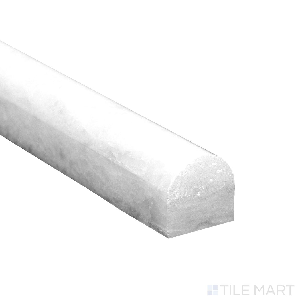 Corner-focused view of Polar White Marble 0.75x12 polished standard liner featuring sleek shine and pure white color.