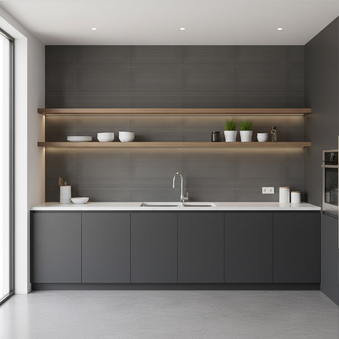 Ravello Black basalt 12x24 horizon tile showcased in a contemporary space highlighting deep stone tones